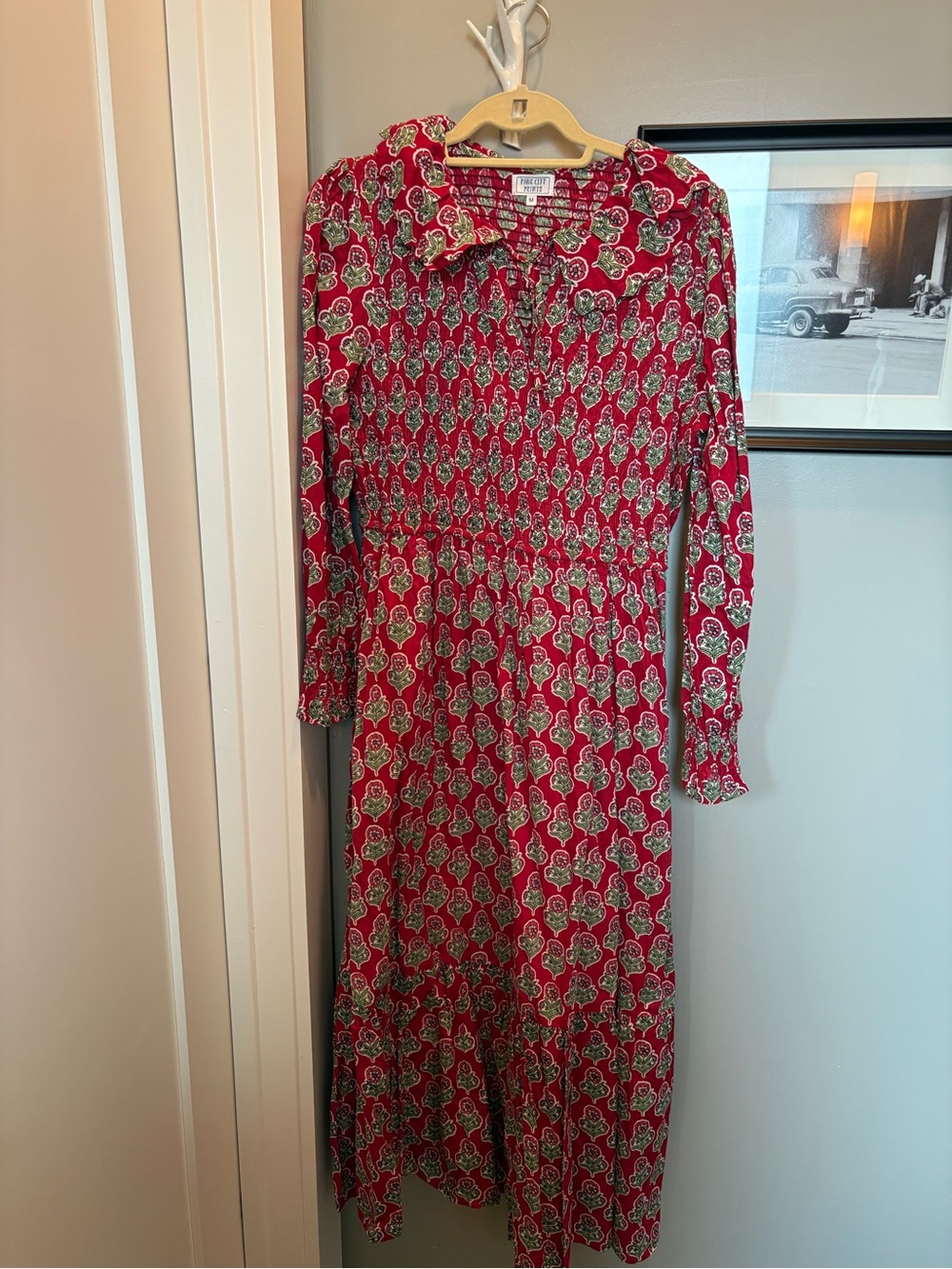 Pink City Prints Red smocked dress like new